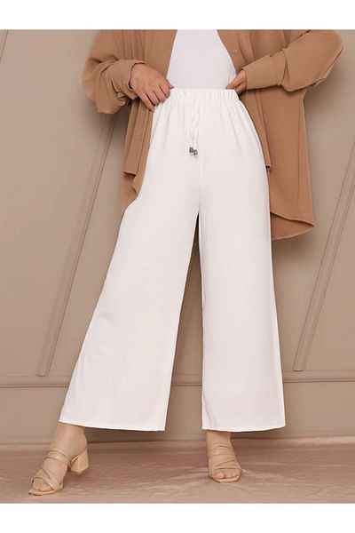 nedo7 Lace Detailed Wide Leg Elastic Waist Trousers -White