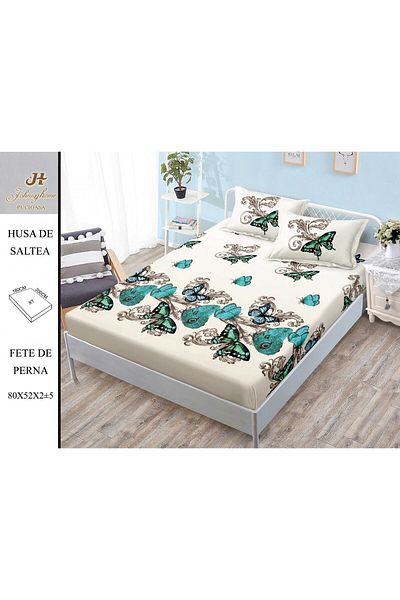 FIONNA.RO Elasticated Duvet Cover and Pillowcases Made of Finet 180x200cm - Green Butterflies