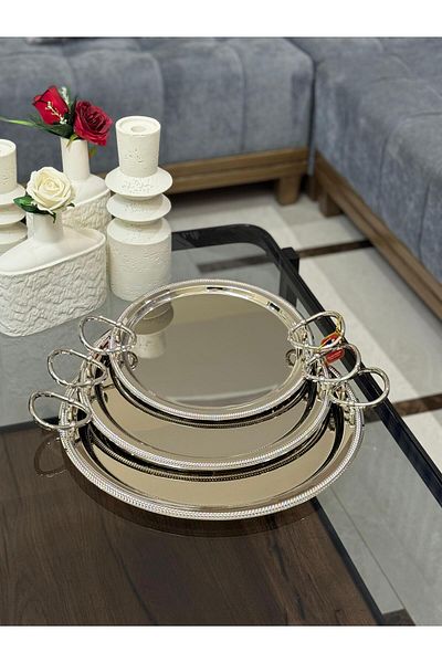 aljahwari 3-piece round nickel serving tray set