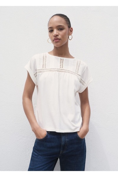 MANGO Woman Ajur detaylı pamuklu tişört
