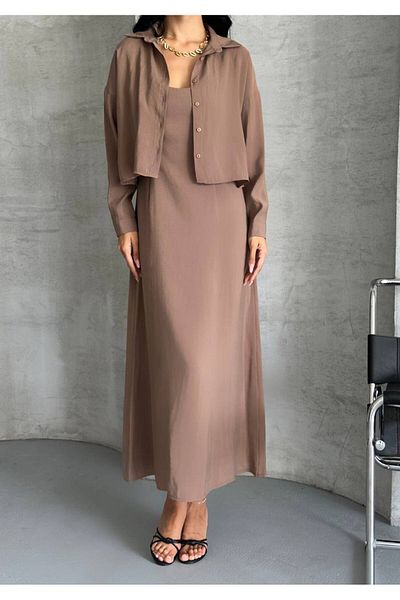 vesantia Women's Brown Premium Perry Cotton Tril Tril Fabric Shirt Long Dress Suit