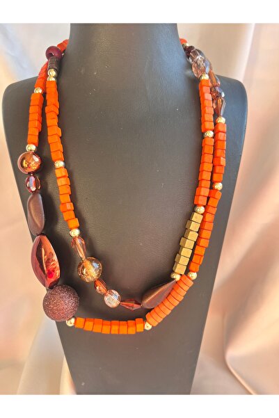 COCOSH TAKI Orange Brown Gold Color Multi-Design Necklace