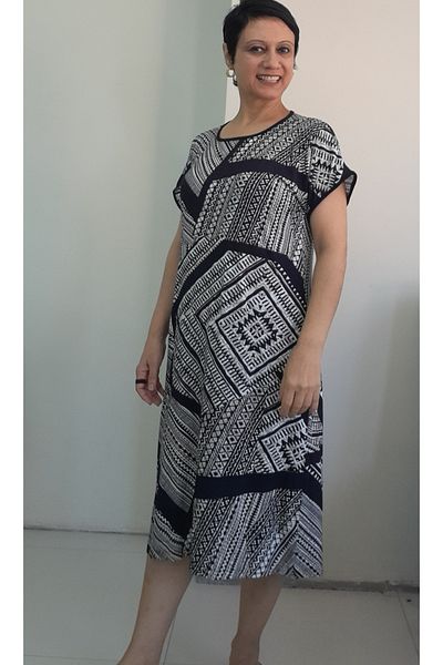 Mertcan Butik Black and White Print Low Sleeve Combed Viscose Dress with Body