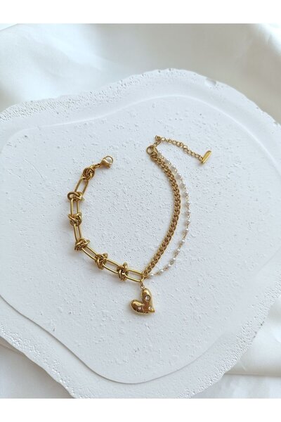 Çelik İncili Kalpli Zincir Bileklik