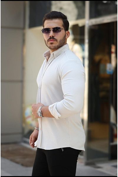 nightblack Slim Fit Lycra Stretch Cotton Pocketless Men's Shirt Pocketless Long Sleeve