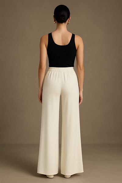 Olea Women's Ecru Lined Inside, Elastic Waist, Wide Pants