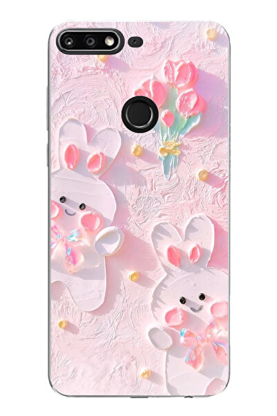 TechTree Huawei Y7 2018 - Honor 7C Uyumlu Sevimli Tavşanlar Şeffaf Silikon Kılıf
