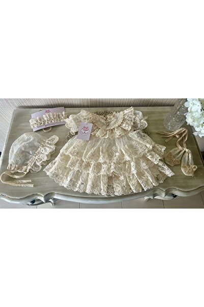 Butik Baby Girl Cream Color Watermelon Sleeved Lace Fold Dress Set