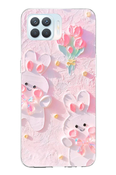 TechTree Oppo Reno 4 Lite Uyumlu Sevimli Tavşanlar Şeffaf Silikon Kılıf