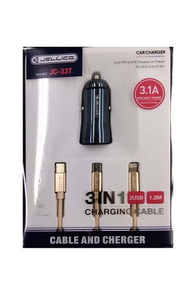 JELLICO JC-33T Dual USB Quick Charging Car Charger 3 in 1