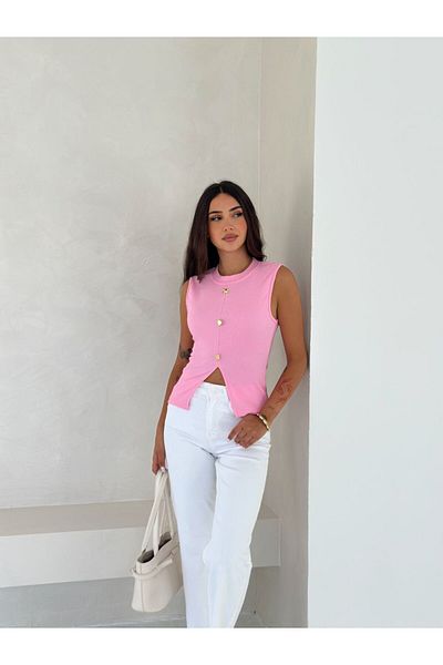 Stil Sepeti Women's Pink Crew Neck Sleeveless Gold Button Detailed Blouse Tll-10004147