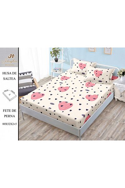 FIONNA.RO Elasticated Duvet Cover and Pillowcases Made of Finet 180x200cm - Pink with Hearts and Bows