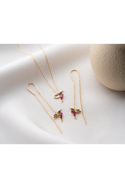 Papatya Silver 925 Ayar Gümüş Kuş Kolye Küpe Takım.rose.gold.rodaj