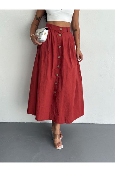 Stil Sepeti Women's Tile High Waist Button Detailed Parachute Fabric Midi Skirt Tll-10004163