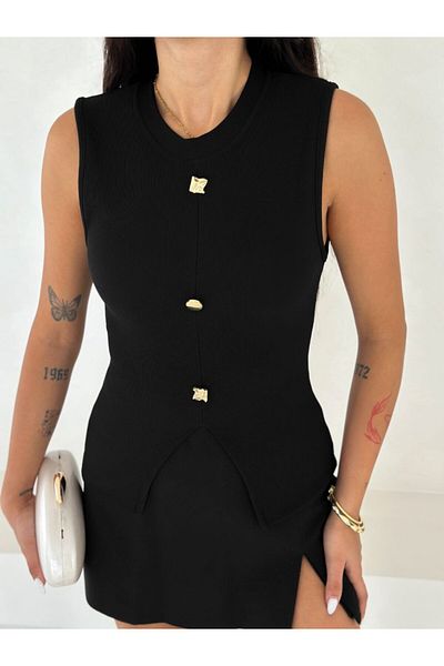 Stil Sepeti Women's Black Crew Neck Sleeveless Gold Button Detailed Blouse Tll-10004147