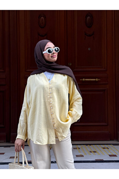 ensade Sarı Dökümlü V Yaka Oversize Kadın Gömlek -
