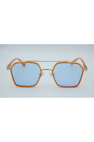 By Ella Eyes Unisex Sunglasses Rectangle Orange Frame Gold Detail Blue Glass