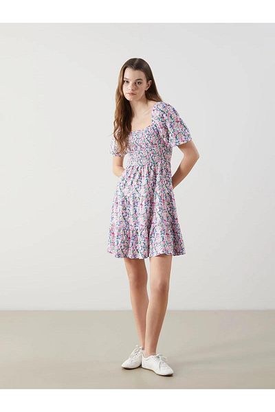 LC Waikiki LCWAIKIKI Rochie clasică cu mâneci balon florale cu guler pătrat (S5)