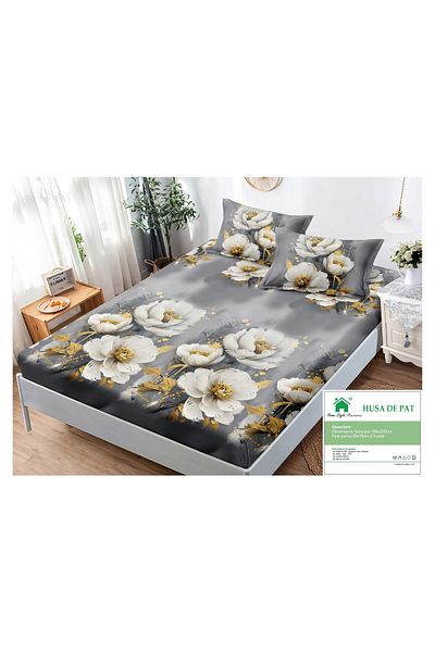 FIONNA.RO Elasticated Duvet Cover and Pillowcases Made of Finet 180x200cm - Grey with White Flowers