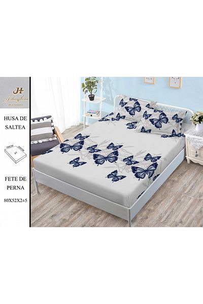 FIONNA.RO Elasticated Duvet Cover and Pillowcases Made of Finet 180x200cm - White with Blue Butterflies