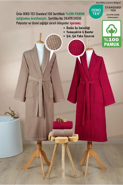 Ellaline 4 Piece Striped Bathrobe Set 100% Cotton Certified Family Towel Bathrobe Set Dowry Set Claret Red - Brown