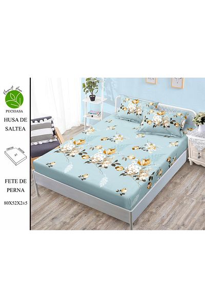 FIONNA.RO Elasticated Duvet Cover and Pillowcases Made of Finet 180x200cm - Turquoise with Flowers