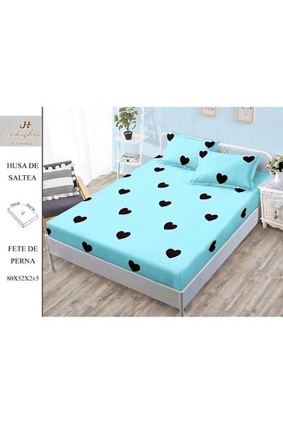 FIONNA.RO Elasticated Duvet Cover and Pillowcases Made of Finet 180x200cm - Blue with Hearts