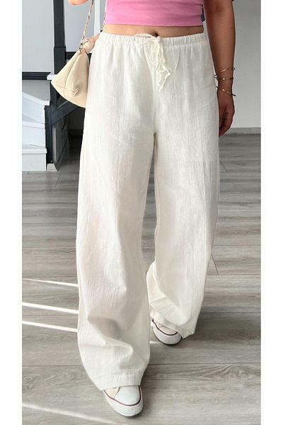 Oslove White Half-Lined Waist Tie Linen Trousers
