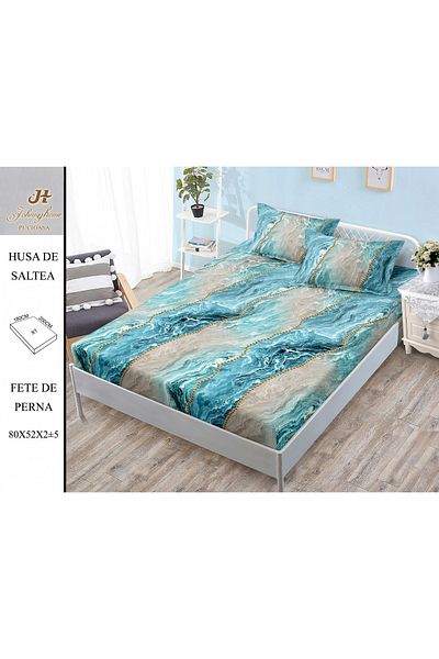FIONNA.RO Elasticated Duvet Cover and Pillowcases in Finet 180x200cm - Turquoise Marble