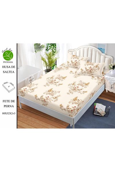 FIONNA.RO Elasticated Duvet Cover and Pillowcases Made of Finet 180x200cm - Beige with Bouquets