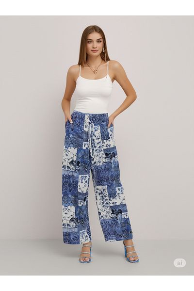 DHDmoda Women's Blue Patterned Elastic Waist Trousers