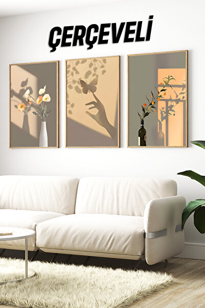 kutuTR 🌿 Gölge Efektli Modern Çiçek ve Kelebek Temalı 3'lü Tablo Seti🌿 CRV1100