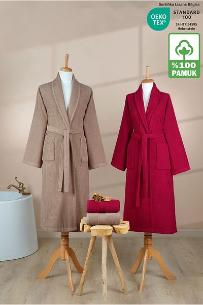 Ellaline 4 Piece Striped Bathrobe Set 100% Cotton Certified Family Towel Bathrobe Set Dowry Set Claret Red - Brown