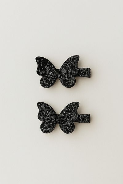 Magu Girl's Black Glitter Butterfly Hairpin Set - Set of 2 Shiny Metal Clip Hairpins