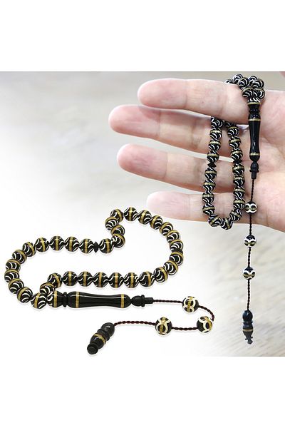 Tesbihane Kuka Prayer Beads with System – Black – Brass Spiral – White Enamel Filled – Istanbul Cut