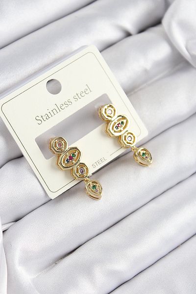 SeyCey.co 316L Steel Zircon Stone Dangle Geometric Model Gold Color Women's Earrings