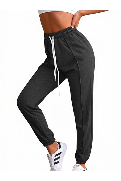 DHDmoda Women's Dark Gray Two Thread Sweatpants with Elastic Waist and Legs and Pockets