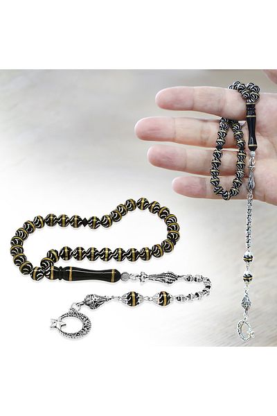 Tesbihane Kuka Tesbih – Black – Non-Tarnish Metal Tassel - Brass Spiral - White Enamel Filled – Istanbul Cut