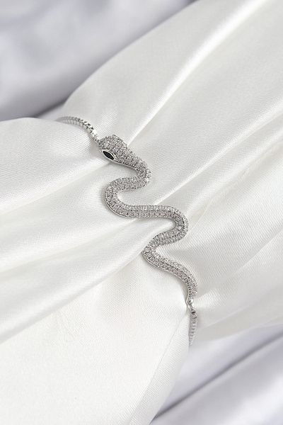 MÇ Plus Brass Zircon Stone Snake Model Silver Color Elevator Women's Bracelet