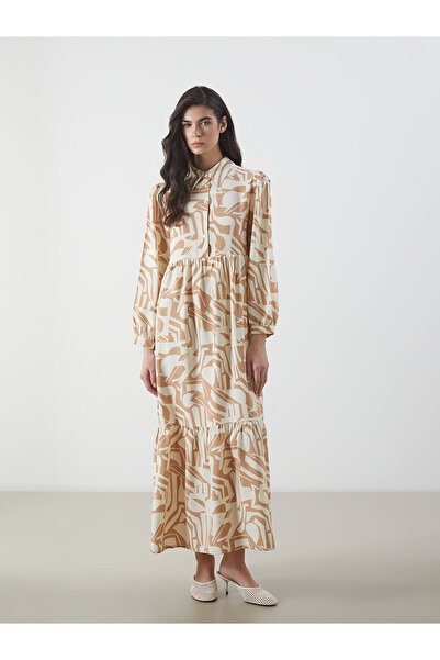 LC Waikiki Nevavm Shirt Collar Patterned Balloon Sleeve Layered Dress with a ...