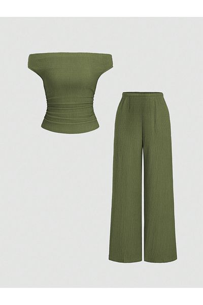 meren like your style Khaki Side Gathered Off-Shoulder Loose Pants Bottom Top Set