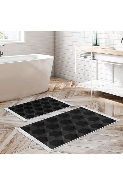 Dekoreko Non-Slip Base Djt Toilet Set Luna Cotton Fringed Geometric E5016 Black