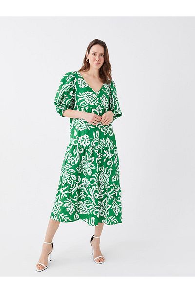 LC Waikiki V-Neck Patterned Balloon Sleeve Women's Dress