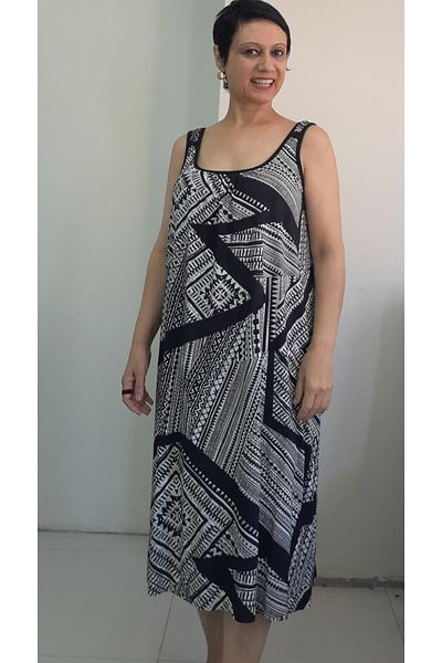 Mertcan Butik Black and White Patterned Suspender Combed Viscose Dress with Gathered Front and Back