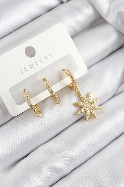 SeyCey.co Brass Zircon Stone Pole Star Model Gold Color Set of 3 Women's Earrings