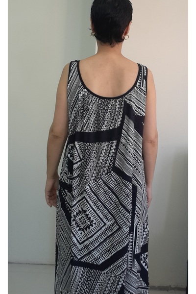 Mertcan Butik Black and White Patterned Suspender Combed Viscose Dress with Gathered Front and Back