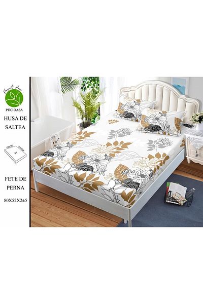 FIONNA.RO Elasticated Duvet Cover and Pillowcases Made of Finet 180x200cm - Golden Flowers