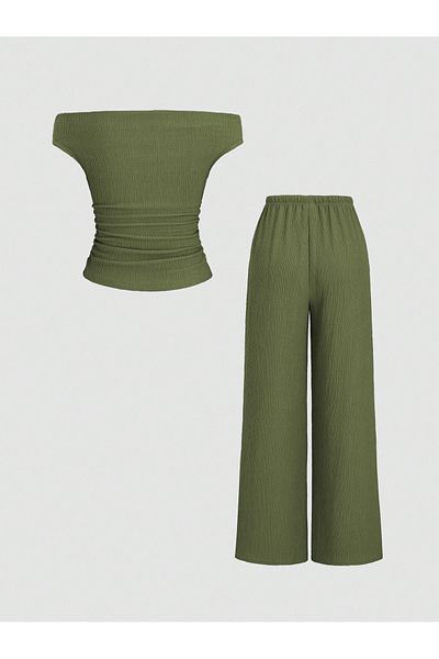 meren like your style Khaki Side Gathered Off-Shoulder Loose Pants Bottom Top Set