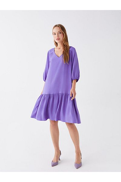 LC Waikiki V-Neck Plain Balloon Sleeve Women's Dress
