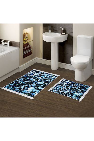 Dekoreko Non-Slip Base Djt Toilet Set Earth Fringed Geometric E5012 Blue